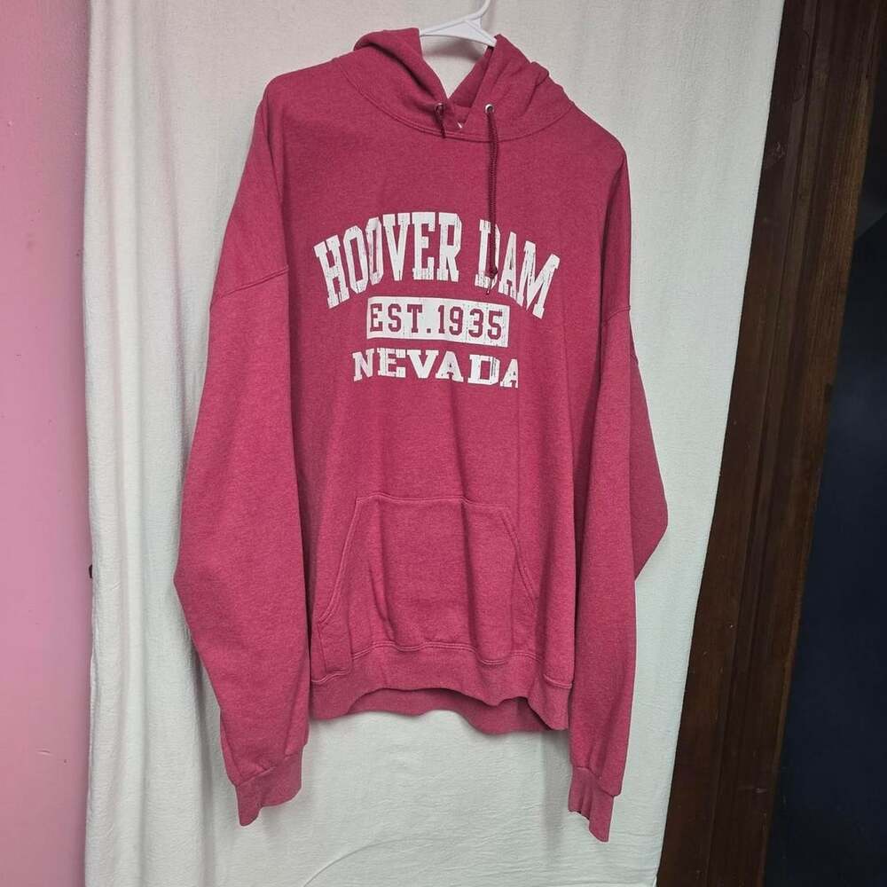Gildan Hoover Dam Nevada Hoodie Size 2XL Pink White Pullover Sweatshirt